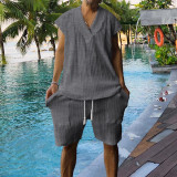 Men's Summer Loose Sleeveless T-Shirt Shorts Men's Summer Casual Jacquard Knitting Set