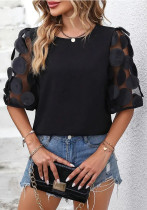 Round Neck Hollow Short Sleeve Top Casual Lace Patchwork Top