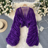 Pleated Puff Sleeves Slim Short Fashionable Chiffon Shirt Tops