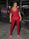 Women's Summer Lace Short Sleeve Low Back Sexy Nightclub Jumpsuit