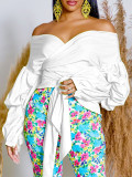 Summer Fashion Solid Color Off-Shoulder Cross Lace-Up Puff Sleeve Sexy V-Neck Shirt African Top