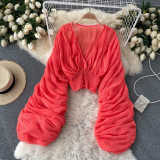 Pleated Puff Sleeves Slim Short Fashionable Chiffon Shirt Tops
