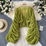 Pleated Puff Sleeves Slim Short Fashionable Chiffon Shirt Tops