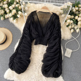 Pleated Puff Sleeves Slim Short Fashionable Chiffon Shirt Tops