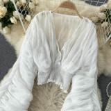Pleated Puff Sleeves Slim Short Fashionable Chiffon Shirt Tops