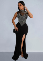 Fashion Women's Solid Color Beaded Mesh Sleeveless Long Dress Fashion Women's Solid Color Beaded Mesh Sleeveless Long Dress