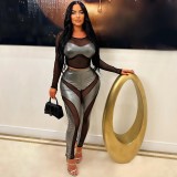 Spring Solid Color Long Sleeve Mesh Patchwork Sexy High Waist Women's Two Piece Pants Set