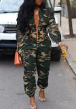 Stylish Slim Waist Camo Zip Jumpsuit