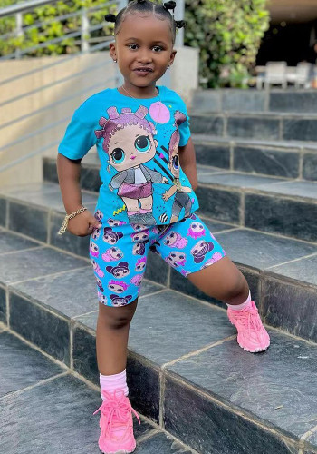 Children's Clothing Girls Fashion Cartoon Print T-Shirt Shorts Casual Two Piece Set