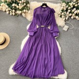 Spring Women's Bow Pleated Chiffon Puff Sleeve Long Dress