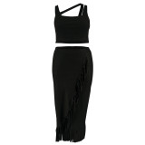 Plus Size Women's Tassel Irregular Sleeveless Two Piece Skirt Set