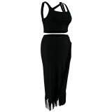 Plus Size Women's Tassel Irregular Sleeveless Two Piece Skirt Set