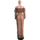 Summer Hollow Sexy Fashion Mesh Tassel See-Through Two-Piece Skirt Set