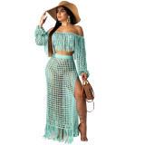 Summer Hollow Sexy Fashion Mesh Tassel See-Through Two-Piece Skirt Set