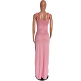 Summer Women's Solid Color Ribbed Ruffle Strap Side Slit Long Dress