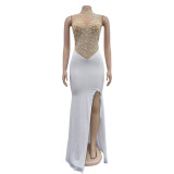 Fashion Women's Solid Color Beaded Mesh Sleeveless Long Dress