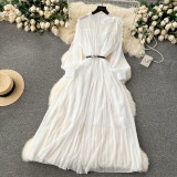 Spring Women's Bow Pleated Chiffon Puff Sleeve Long Dress