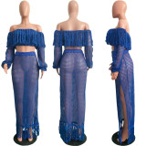 Summer Hollow Sexy Fashion Mesh Tassel See-Through Two-Piece Skirt Set