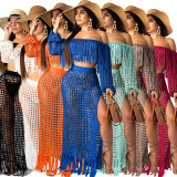 Summer Hollow Sexy Fashion Mesh Tassel See-Through Two-Piece Skirt Set