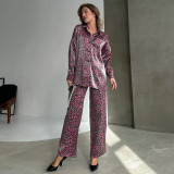 Spring Fashion Casual Women's Leopard Print Long Sleeve Shirt Pants Two Piece Set