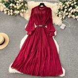 Spring Women's Bow Pleated Chiffon Puff Sleeve Long Dress