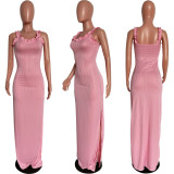 Summer Women's Solid Color Ribbed Ruffle Strap Side Slit Long Dress