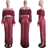 Summer Hollow Sexy Fashion Mesh Tassel See-Through Two-Piece Skirt Set