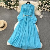 Spring Women's Bow Pleated Chiffon Puff Sleeve Long Dress