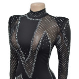 Fashion Women's Solid Color Beaded Mesh Long Sleeve Jumpsuit