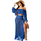 Summer Hollow Sexy Fashion Mesh Tassel See-Through Two-Piece Skirt Set