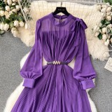 Spring Women's Bow Pleated Chiffon Puff Sleeve Long Dress