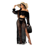 Summer Hollow Sexy Fashion Mesh Tassel See-Through Two-Piece Skirt Set