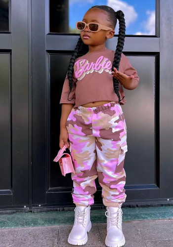 Girls Children's Clothing Fashionable Short-Sleeved T-Shirt Camouflage Leggings Two Piece Set