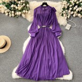 Spring Women's Bow Pleated Chiffon Puff Sleeve Long Dress