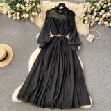 Spring Women's Bow Pleated Chiffon Puff Sleeve Long Dress