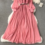 Spring Women's Bow Pleated Chiffon Puff Sleeve Long Dress
