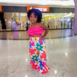 Girls Summer Strap Short Top Printed Wide Leg Pants Two Piece Set