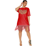Women Fashion Round Neck Short Sleeve Sequin Tassel Casual Dress