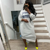 Plus Size Women's Casual Letter Print Contrast Color Loose Long Sleeve T-Shirt Dress