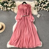 Spring Women's Bow Pleated Chiffon Puff Sleeve Long Dress