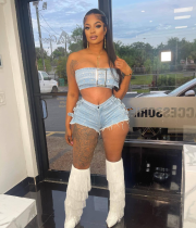 Fashionable Women's Clothing Sexy Strapless Beaded Stretch Two Piece Denim Shorts Set