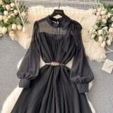Spring Women's Bow Pleated Chiffon Puff Sleeve Long Dress