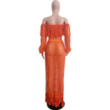 Summer Hollow Sexy Fashion Mesh Tassel See-Through Two-Piece Skirt Set