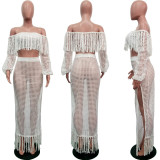Summer Hollow Sexy Fashion Mesh Tassel See-Through Two-Piece Skirt Set