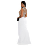 Fashion Women's Solid Color Beaded Mesh Sleeveless Long Dress