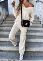 Beige V-Neck Casual Long SLeeve Top Pants Two Piece Lounge Set Beige V-Neck Casual Long SLeeve Top Pants Two Piece Lounge Set