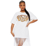 Women Fashion Round Neck Short Sleeve Sequin Tassel Casual Dress