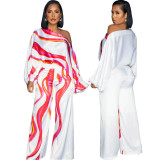 Sexy Fashion Print Slash Shoulder Long Sleeve Women's Wide Leg Jumpsuit