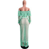 Summer Hollow Sexy Fashion Mesh Tassel See-Through Two-Piece Skirt Set