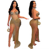 Strap Solid Color Beaded Mesh Irregular See-Through Women's Sexy Bodycon Dress